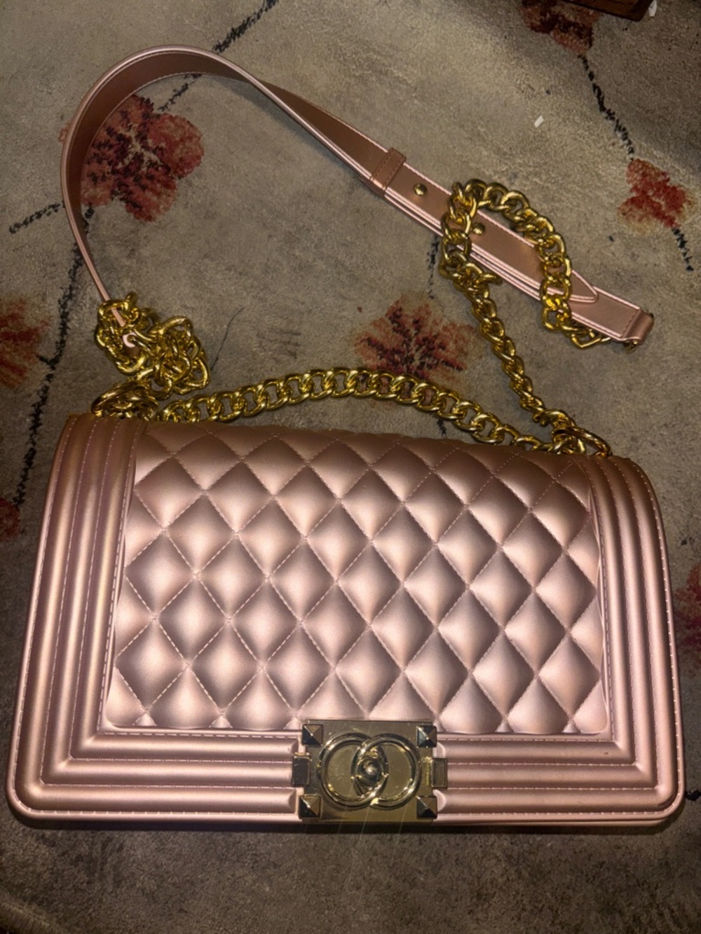 Source Unknown Quilted Metallic Jelly Rose Gold Crossbody with Gold Chain
